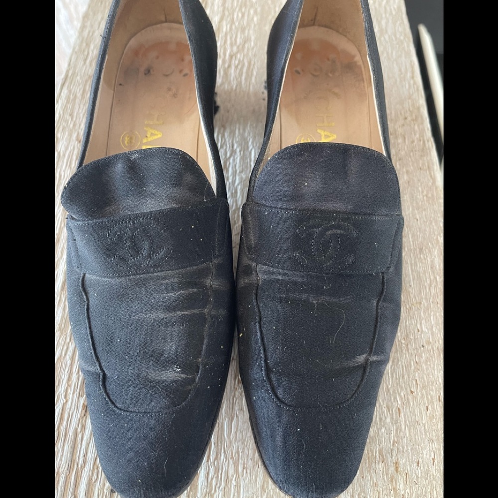 CHANEL vintage black dress loafers with classic styling need repair